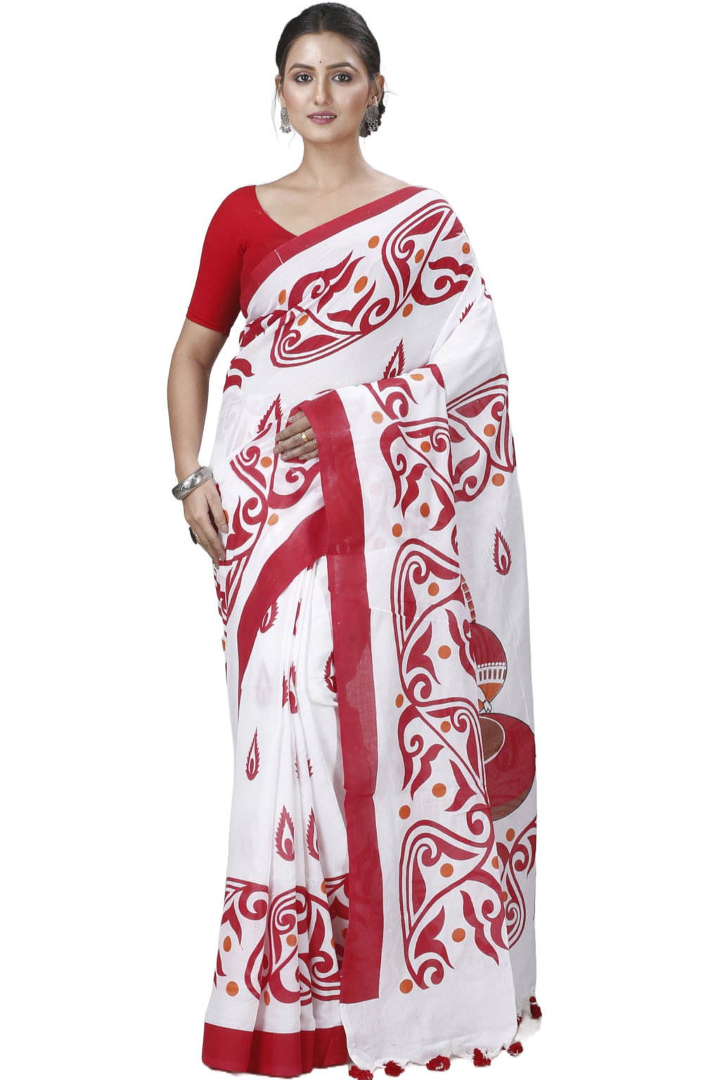 Red White Pure Cotton Teba Printed Handloom Saree (1262)